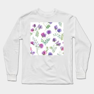 Sweet pea and spring leaves watercolor botanical print. Romantic transparent flowers. Spring floral bouquets Long Sleeve T-Shirt